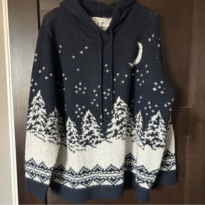 Women’s Navy and White Hooded Winter Scene Sweater - Cozy Knit Pullover